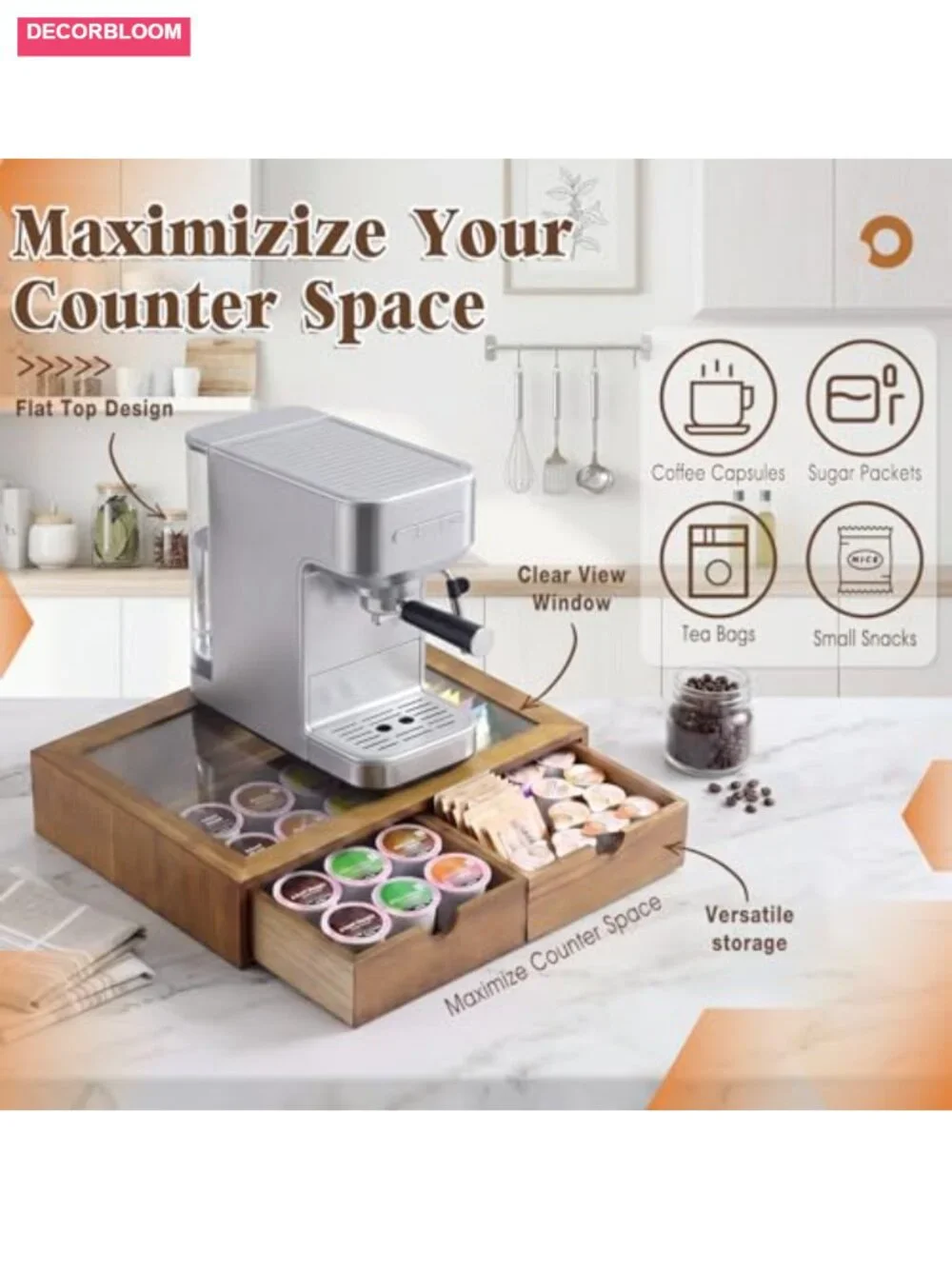 Wooden Coffee Pod Organizer with Acrylic Lid Dual Drawer Large